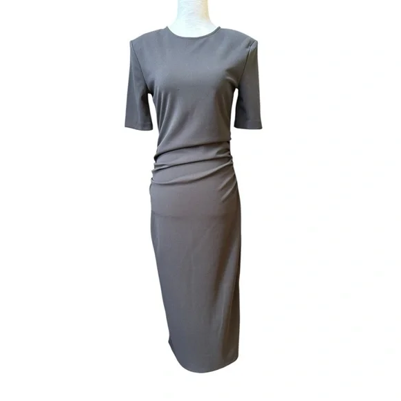 Zara Slate Brown Ruched Waist Short Sleeves Midi Dress, NWT, M - Picture 6 of 16